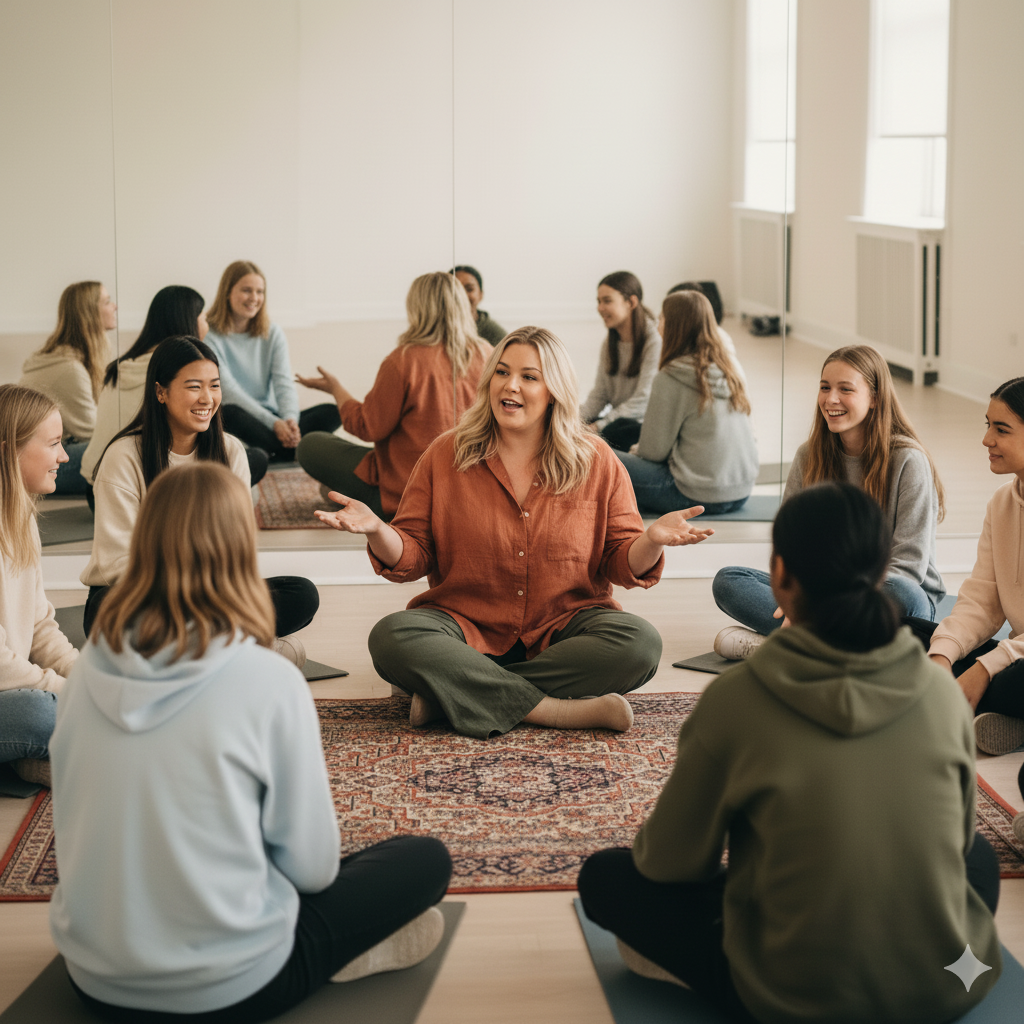 Acting class with teens sitting in a half circle around their coach