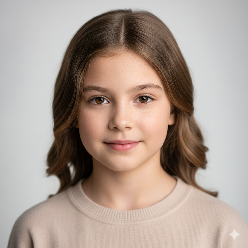 Professional editorial headshot of a 12-year-old girl