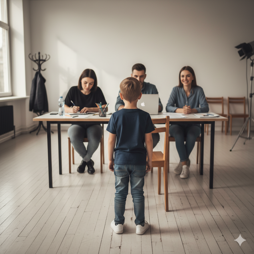Young boy at a casting, seen from behind, facing casting directors